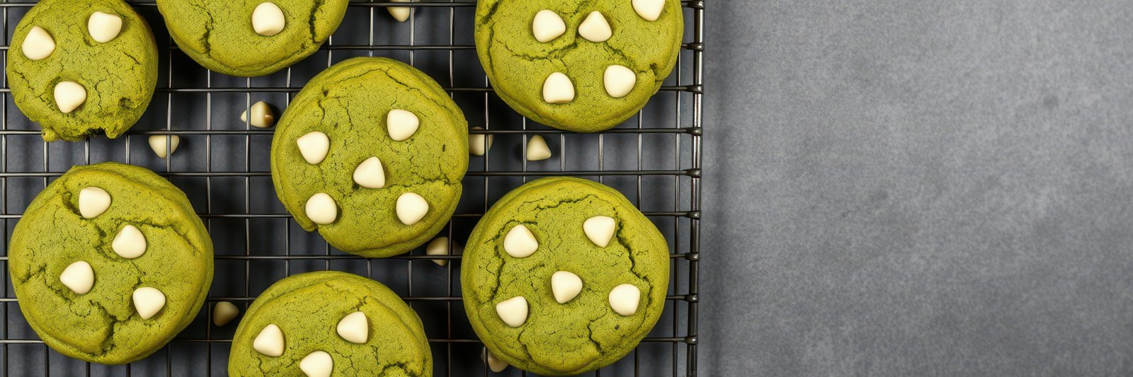 Freshly baked matcha cookies with white chocolate chips cooling on a wire rack in a kitchen setting